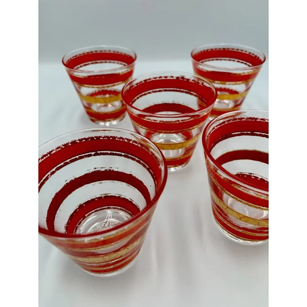 Vintage Set of 5 Red and 22k Gold Culver Alberto Double Old Fashion Glasses GUC